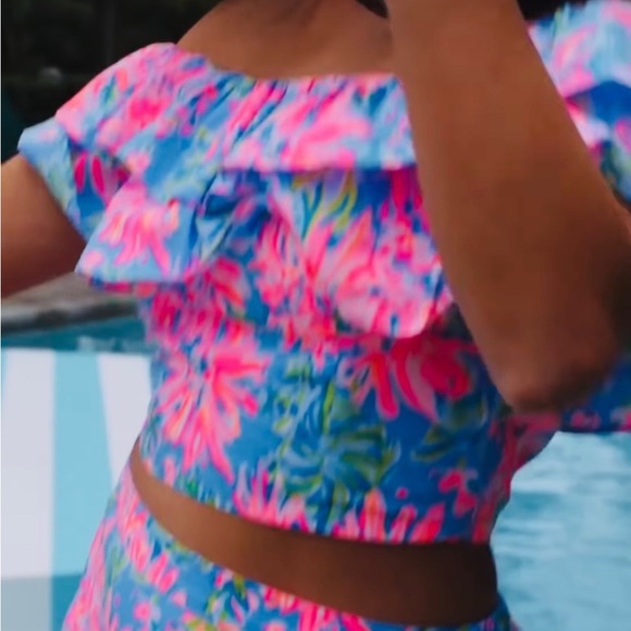 Lilly Pulitzer Mayslie Ruffle Top Mini Skirt Set Blue Peri Sunrise Bay 10, 12 - Picture 3 of 13